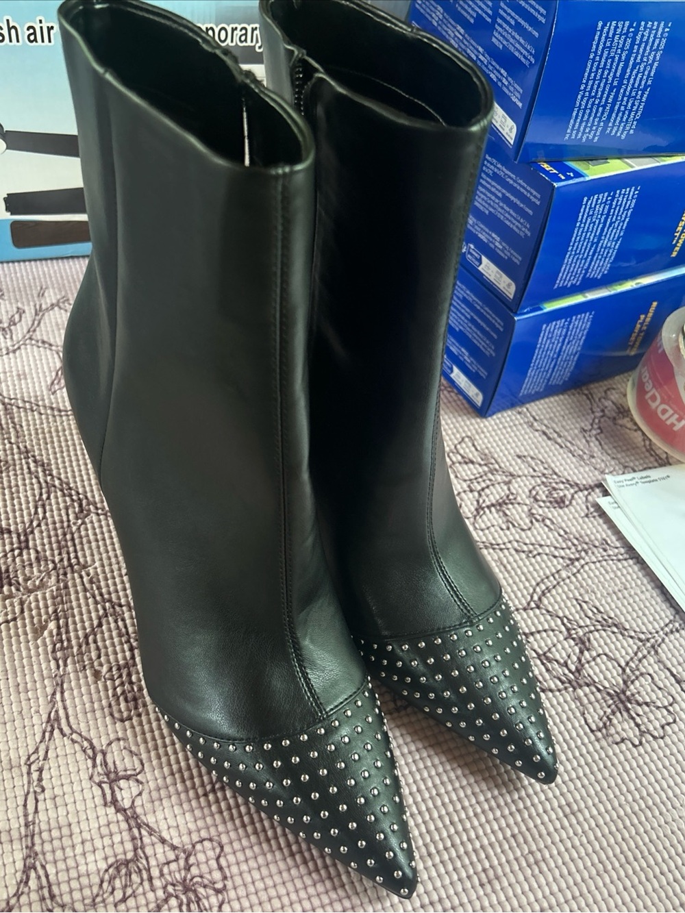 NEW Nine West Black Pointed toe Studded Stiletto Calf Boots Size 9.5 Side Zip